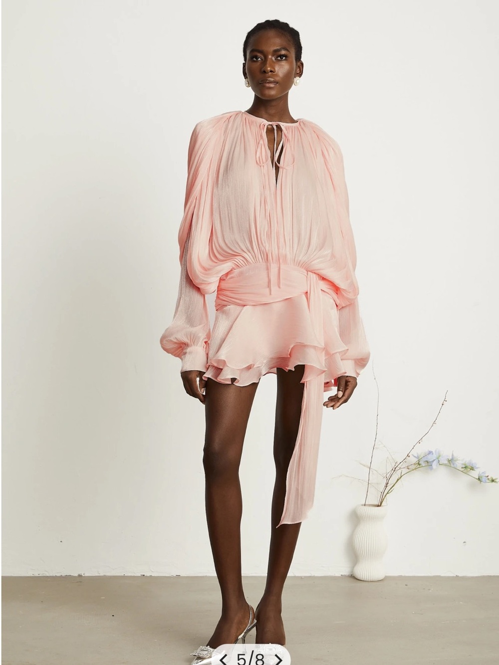 Blush Pink Pleated Tie-Neck Blouse Dress